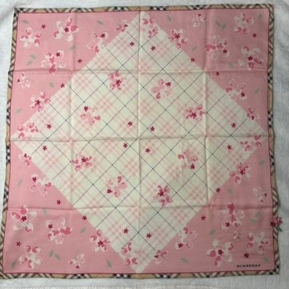 Vtg BURBERRY Scarf Handkerchief Cherry Blossom Floral Pink Cream 19"